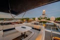 Wooden Pier with yachts preitum ticket office on the banks of the Moscow River