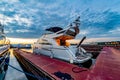 Wooden Pier with yachts preitum ticket office on the banks of the Moscow River