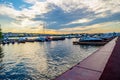 Wooden Pier with yachts preitum ticket office on the banks of the Moscow River