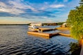 Wooden Pier with yachts preitum ticket office on the banks of the Moscow River