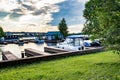 wooden Pier with yachts preitum ticket office on the banks of the Moscow River