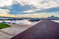 Wooden Pier with yachts preitum ticket office on the banks of the Moscow River