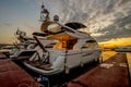 Wooden Pier with yachts preitum ticket office on the banks of the Moscow River