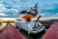 Wooden Pier with yachts preitum ticket office on the banks of the Moscow River