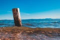 Wooden pile washed by the blue waters of the lake