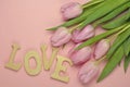 Wooden pink empty copy space background with pink tulips Royalty Free Stock Photo