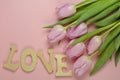 Wooden pink empty copy space background with pink tulips Royalty Free Stock Photo