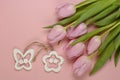 Wooden pink empty copy space background with pink tulips Royalty Free Stock Photo