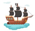 Wooden pirate buccaneer filibuster corsair sea dog ship game icon isolated flat design vector illustration