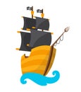 Wooden pirate buccaneer filibuster corsair sea dog ship icon game, isolated flat design. Color cartoon frigate. Vector Royalty Free Stock Photo