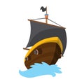 Wooden pirate buccaneer filibuster corsair sea dog ship icon game, isolated flat design. Color cartoon frigate. Vector Royalty Free Stock Photo