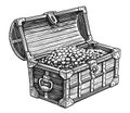 Wooden pirate chest full of treasures of gold coins. Hand drawn sketch vector illustration Royalty Free Stock Photo