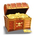 Wooden pirate chest with golden coin