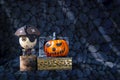 Wooden pirate ghost and smiling halloween pumpking in treasure box