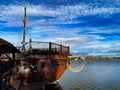 Wooden pirate ship anchored at the pier