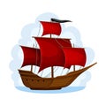 Wooden Pirate Ship or Vessel with Red Sail Navigating Upon Water Vector Illustration