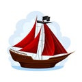 Wooden Pirate Ship or Vessel with Red Sail Navigating Upon Water Vector Illustration