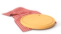 Wooden pizza or cutting board on red plaid towel, 3D render. Round wood tray on checkered tablecloth with folds, natural Royalty Free Stock Photo