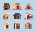 Wooden place for dogs. Domestic puppy house living box for relaxing pets garish vector colorful cartoon pictures