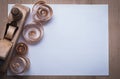 Wooden planer curled scobs and blank sheet of paper on wood boar