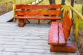 Wooden plank bench on the observation deck Royalty Free Stock Photo