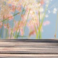 Wooden plank on blur grasses flower background