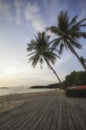 Wooden plank and coconut palm trees on tropical beach background at Phayam island Royalty Free Stock Photo