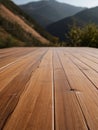 a wooden plank is shown with a mountain in the background. Tranquil Harmony Captivating Mountain