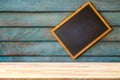 Wooden plank table for graphic stand product, interior design or montage display your product with blank texture blackboard for Royalty Free Stock Photo