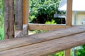 Wooden planks in focus on a construction site