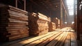 wooden planks at a lumber warehouse, showcasing the intricate details and textures. The background feature an array of