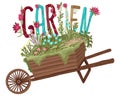 Planted trolley and the inscription Garden. Vector illustration