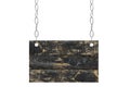 Wooden plaque from the shabby black boards hangs on a metal chain. White isolate.