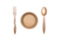 Wooden plate bowl with spoon and fork. Royalty Free Stock Photo
