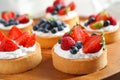 Wooden plate with different berry tarts