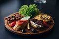 A wooden plate of healthy lifestyle fresh tasty canape sandwiches with different ingredients like salad, tomatoes, cheese on Royalty Free Stock Photo