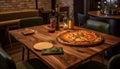 Wooden plate holds gourmet pizza and wine generated by AI