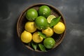 wooden plate with limes and lemons on black dark stone background, Generative AI Royalty Free Stock Photo