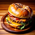 Wooden plate server double hot cheeseburger