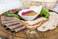 Wooden plate with several types of sausage Royalty Free Stock Photo