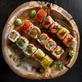 Wooden plate filled with assorted sushi rolls, a staple food in Japanese cuisine Royalty Free Stock Photo