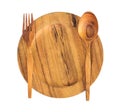 Wooden plate, spoon, fork on white background Royalty Free Stock Photo
