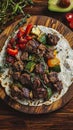 A wooden plate topped with beef fajita strips, grilled zucchini slices, and colorful bell pepper pieces Royalty Free Stock Photo