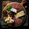 a wooden plate topped with different types of cheese and meats next to a bowl of olives and a bowl o