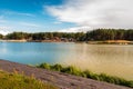 Wooden platform over the reservoir. Beaches in the light of the setting sun in the background. KrasnobrÃÂ³d, Poland