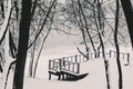 Wooden platform with a panoramic view to Moscow river and Kolomenskoye public park in winter, Moscow, Russia