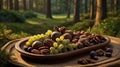 Healthy Snack in the Forest: Grapes, Chocolates, and Mixed Nuts on Wood Tray Royalty Free Stock Photo