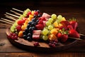 Wooden Platter Filled With Fruit and Skewers Fresh, Colorful, and Delicious, Fresh fruit skewers artfully arranged on a wooden