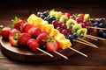 Wooden Platter Filled With Fruit on Skewers, Fresh, Colorful, and Healthy Snack Option, Fresh fruit skewers artfully arranged on a