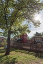 Wooden playground nature recreation area at American public park Royalty Free Stock Photo